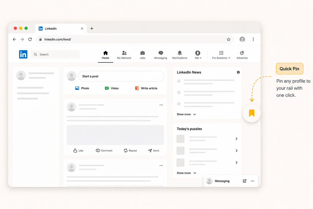 Pinning a LinkedIn profile to the PinnedIn shortcut rail with a single click