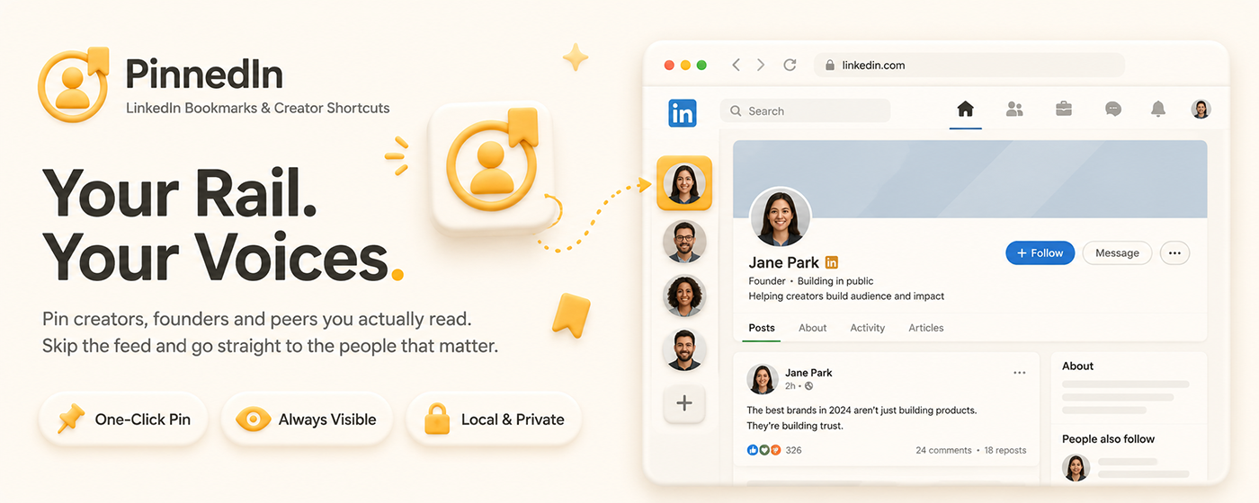 PinnedIn shortcut rail showing pinned LinkedIn creators on the left edge of the screen
