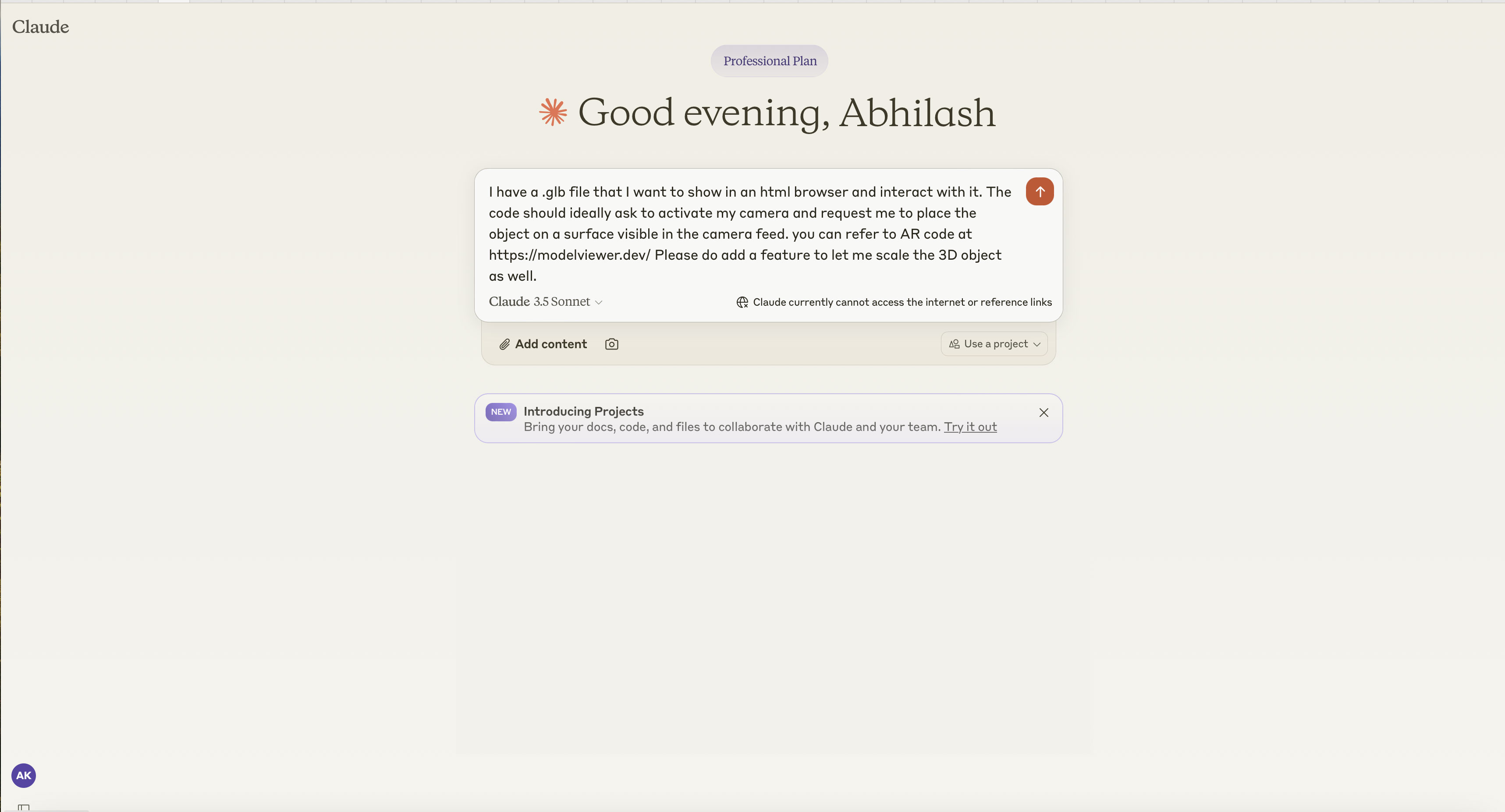Screenshot of the conversation with Claude AI, showing the prompt for generating HTML code for the AR experience