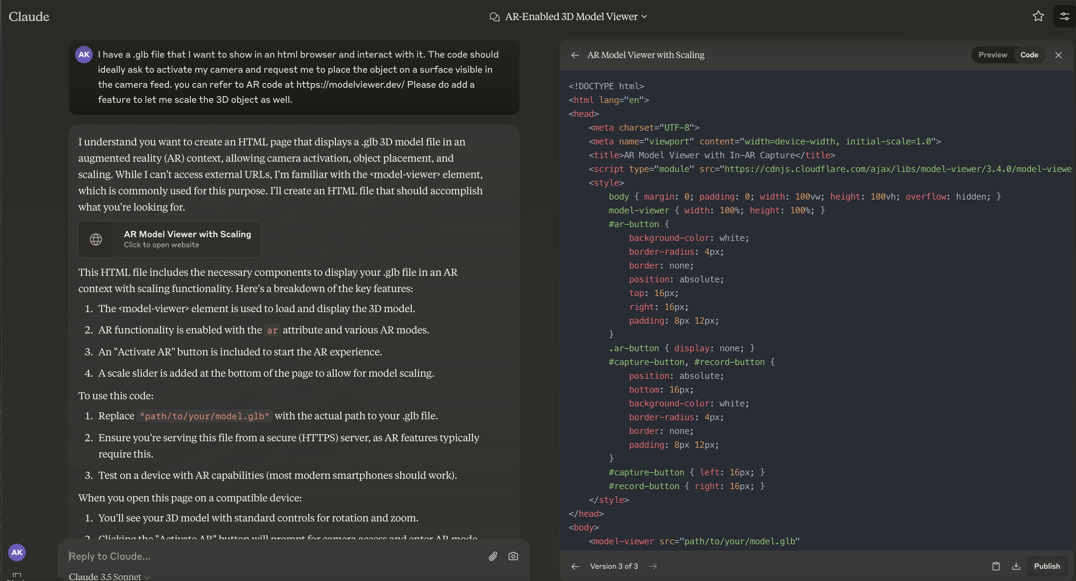 Screenshot of the conversation with Claude AI, showing the prompt for generating HTML code for the AR experience
