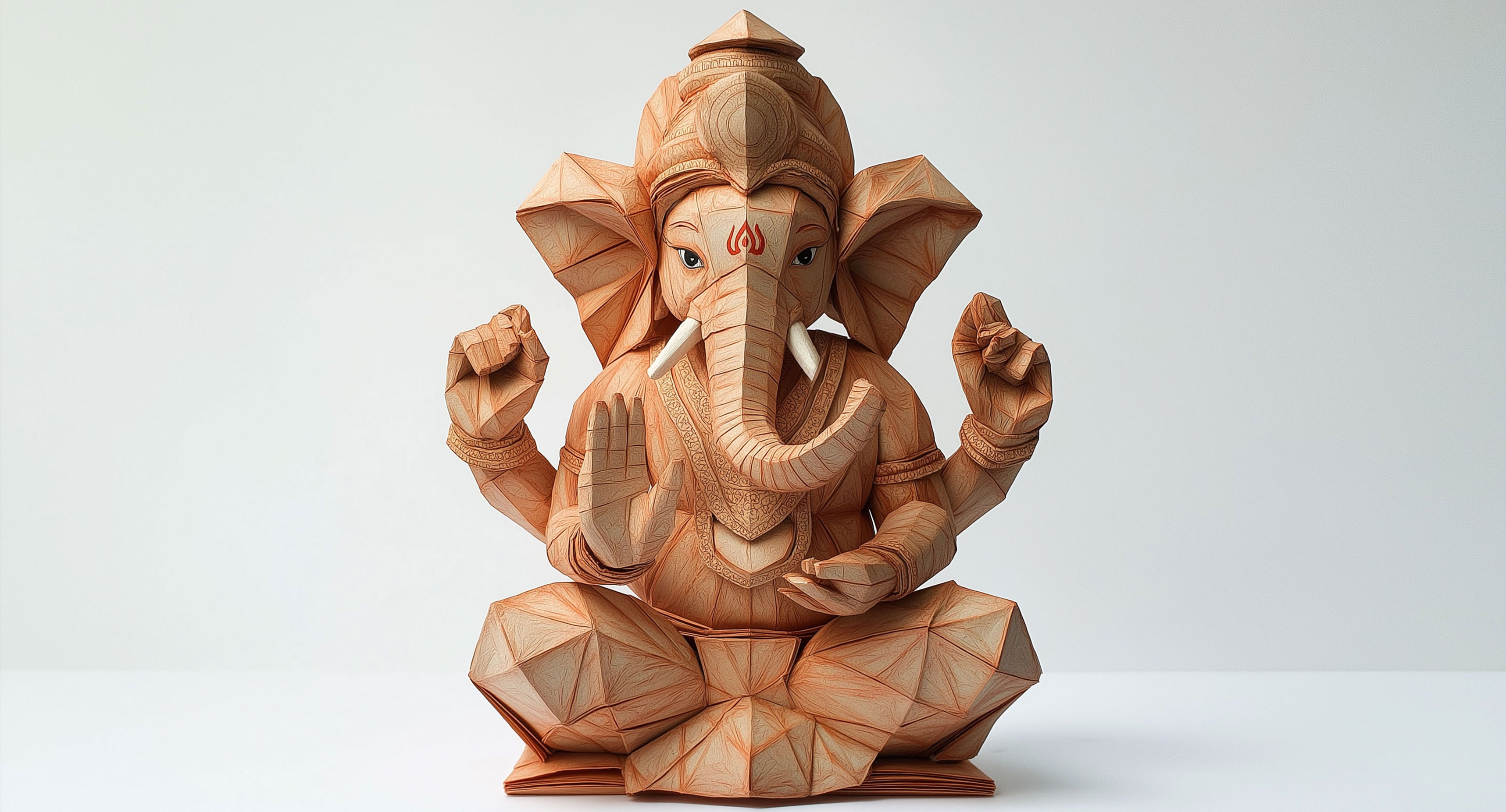 Detailed AI-generated Ganesha idol with an origami aesthetic, featuring intricate folds and a serene expression, chosen for the AR project