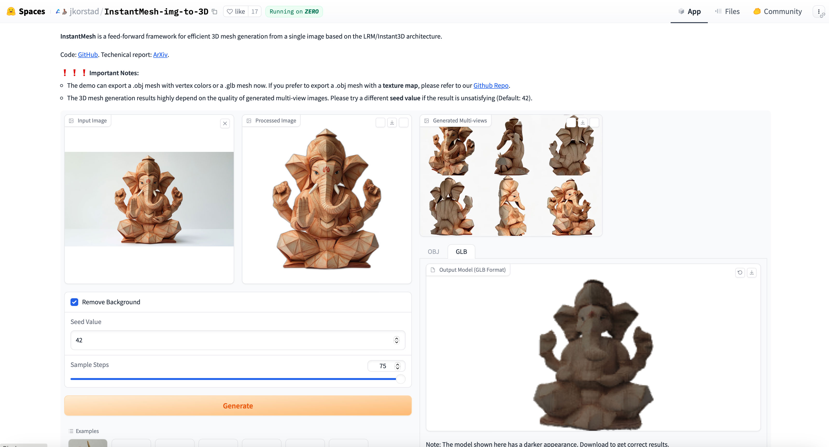 Screenshot of the InstantMesh Image to 3D tool on Hugging Face, displaying the 3D mesh generation of the Ganesha idol