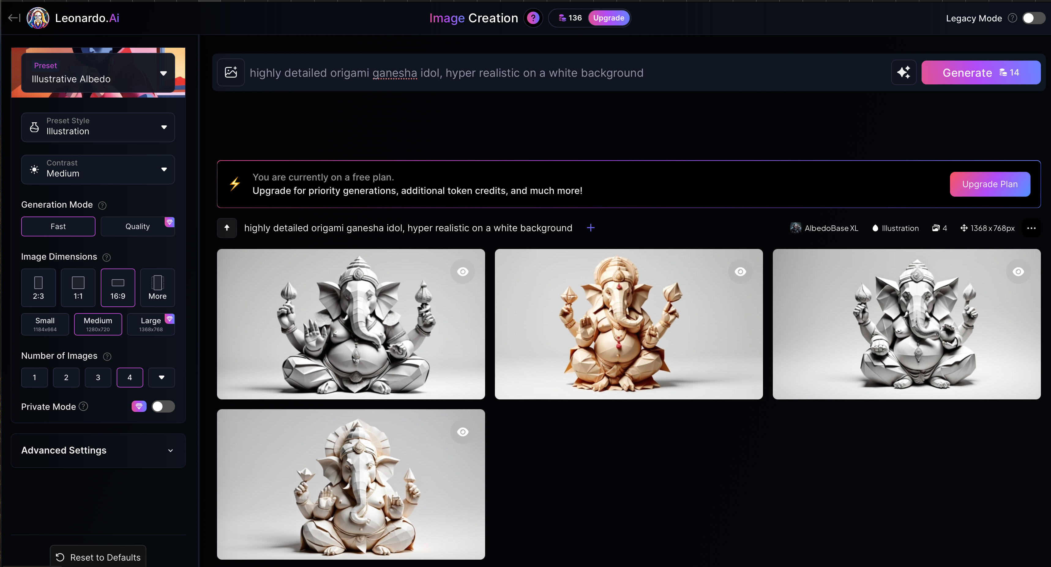 AI-generated origami-style Ganesha idol created using Leonardo AI, showing intricate paper-like folds on a white background