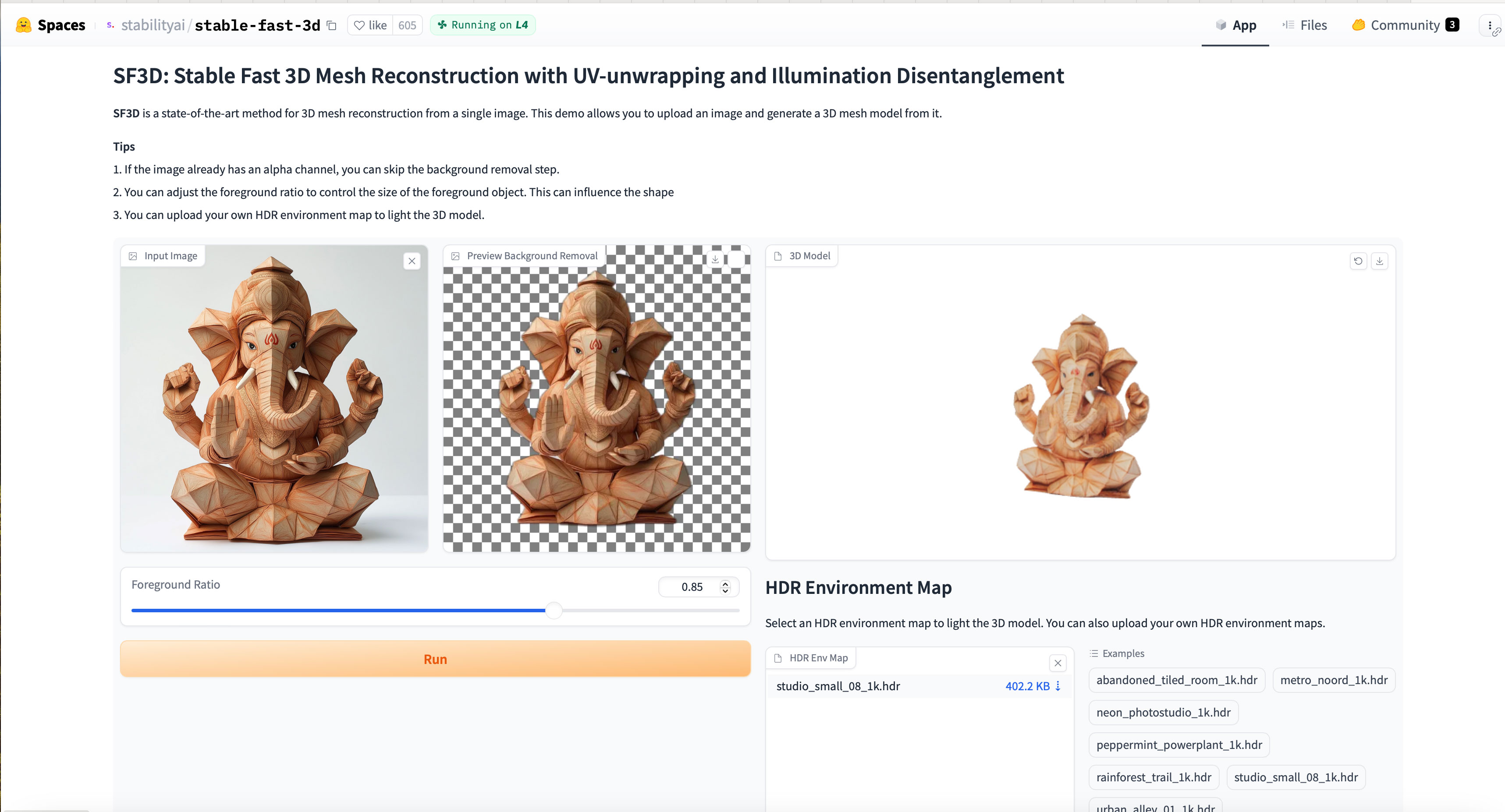 Screenshot of the SF3D tool interface on Hugging Face, showing the 2D to 3D conversion process of the Ganesha idol