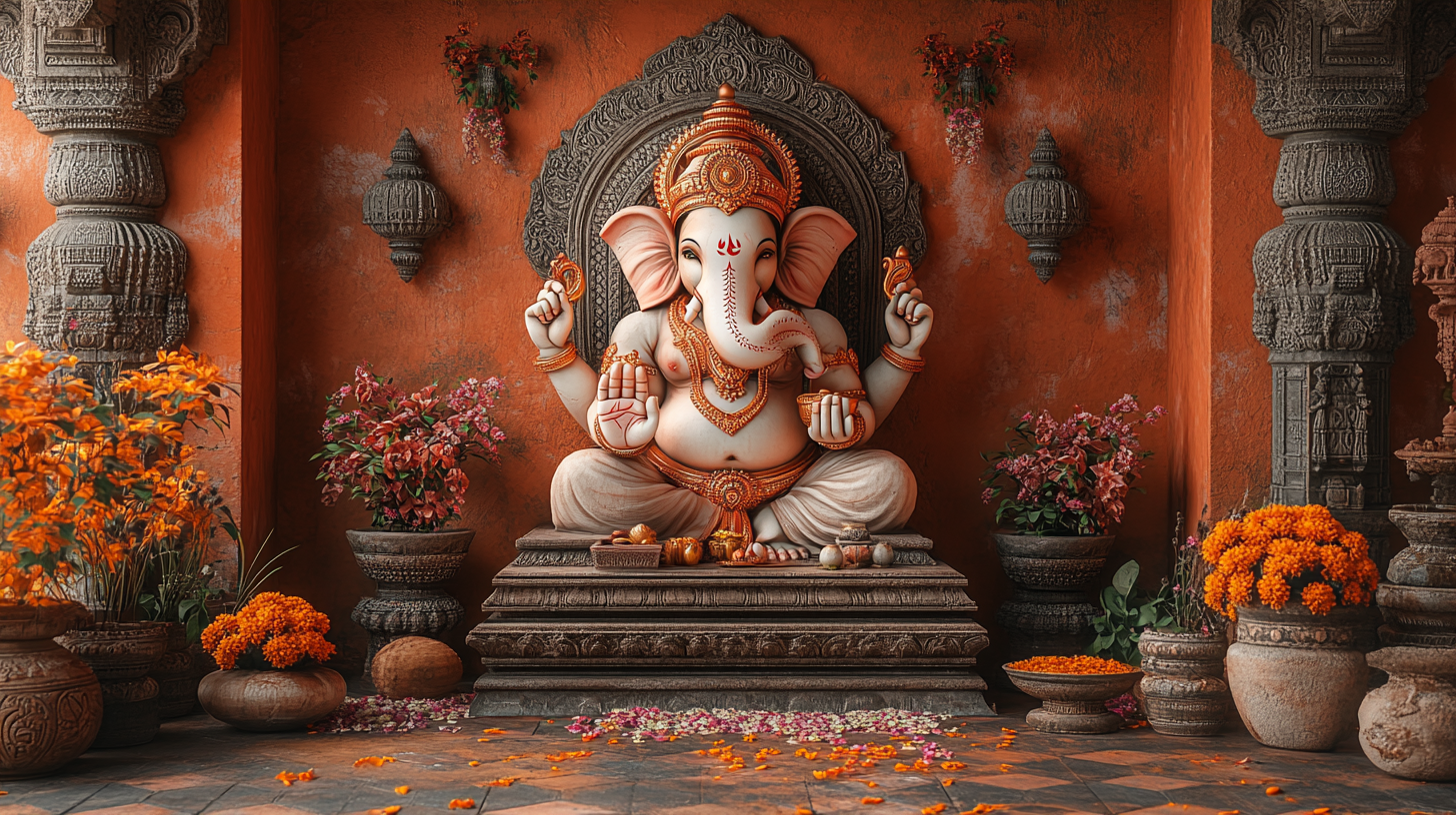 Augmented reality Ganesha idol generated by AI, displayed on a smartphone screen overlaid on a home environment, showcasing a blend of technology and tradition for Ganesh Chaturthi